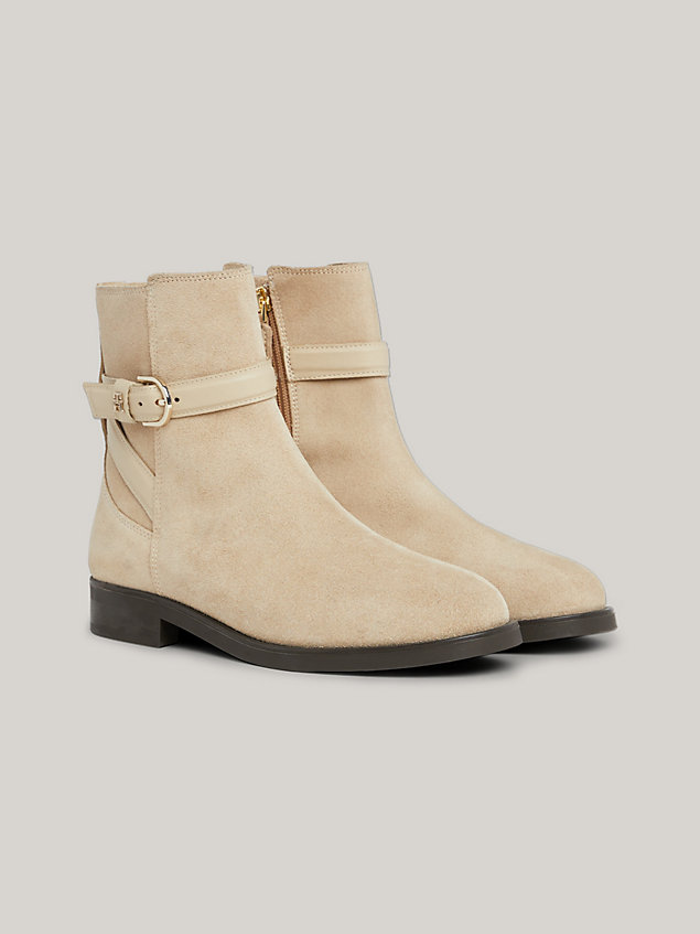 beige elevated essential suede strap ankle boots for women tommy hilfiger