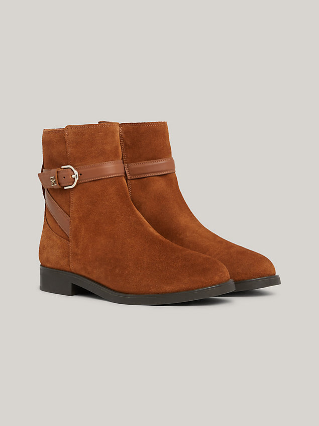 brown elevated essential suede strap ankle boots for women tommy hilfiger