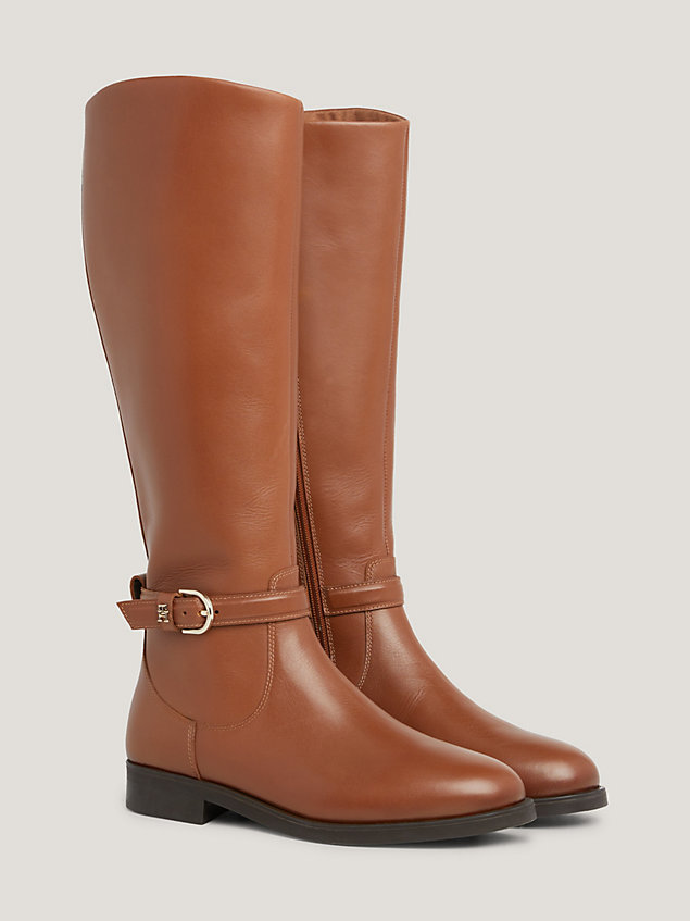 brown elevated essential leather knee-high boots for women tommy hilfiger