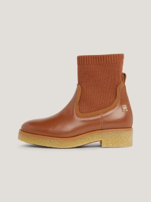 Bottes chaussettes en cuir effet cr pe Marron Tommy Hilfiger