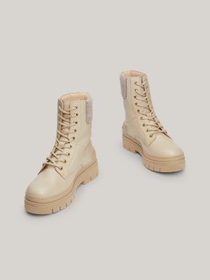Contrast Felt Collar Leather Lace-Up Boots | Beige | Tommy Hilfiger