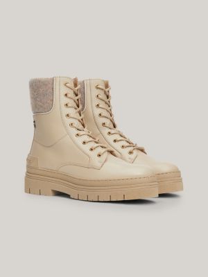 Contrast Felt Collar Leather Lace-Up Boots | Beige | Tommy Hilfiger