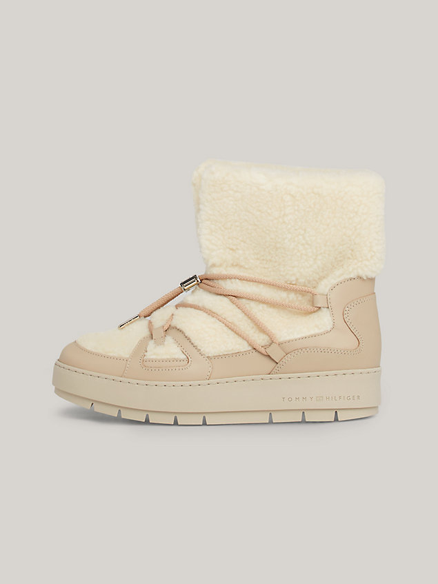 beige teddy cleat signature tape snow boots for women tommy hilfiger