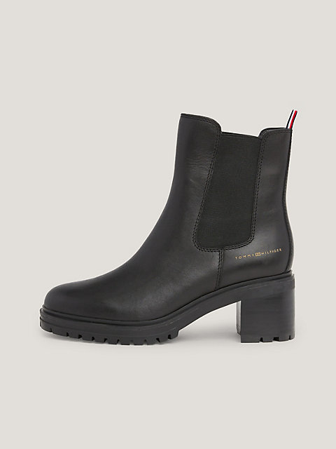 black essential mid heel cleat leather boots for women tommy hilfiger