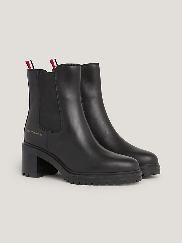 black essential mid heel cleat leather boots for women tommy hilfiger