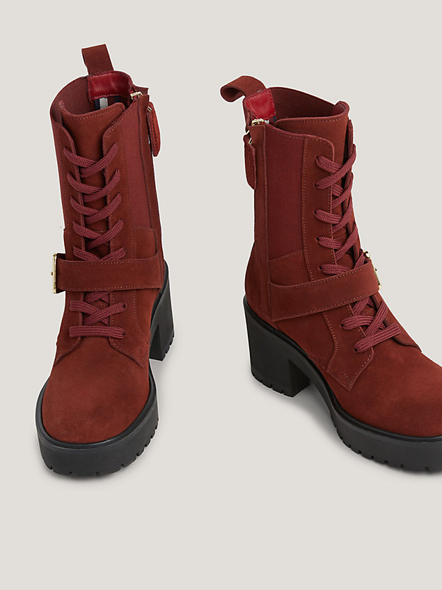 brown suede belt detail cleat lace-up boots for women tommy hilfiger
