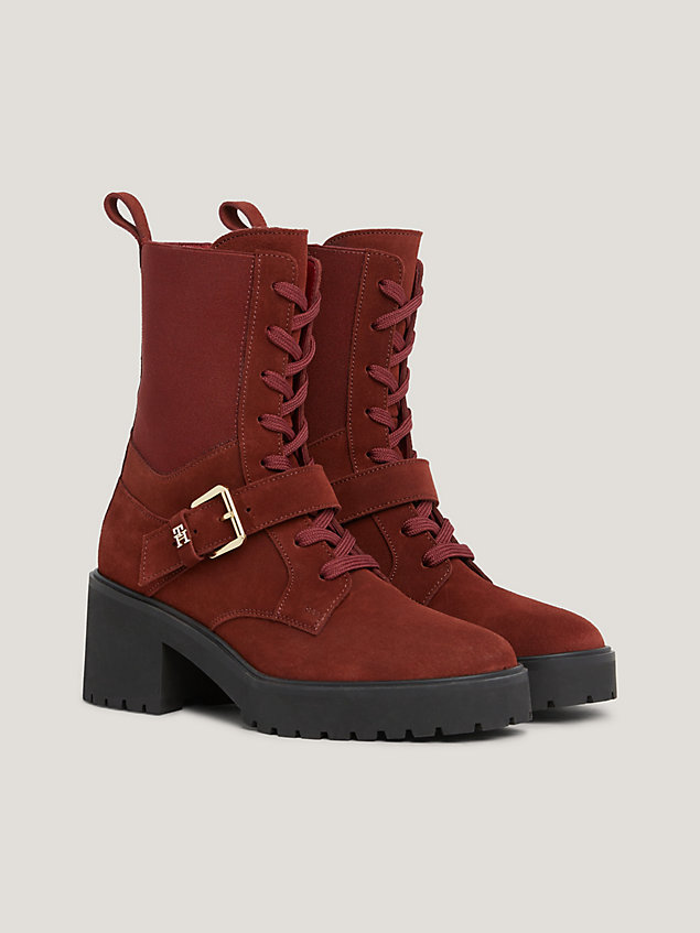 brown suede belt detail cleat lace-up boots for women tommy hilfiger