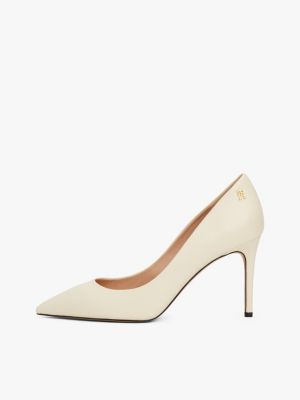 multi leather th monogram pointed toe heels for women tommy hilfiger