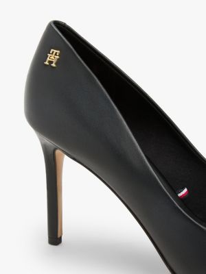 black leather th monogram pointed toe heels for women tommy hilfiger