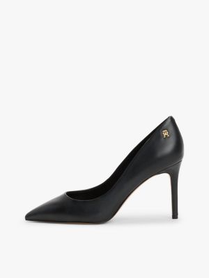 black leather th monogram pointed toe heels for women tommy hilfiger