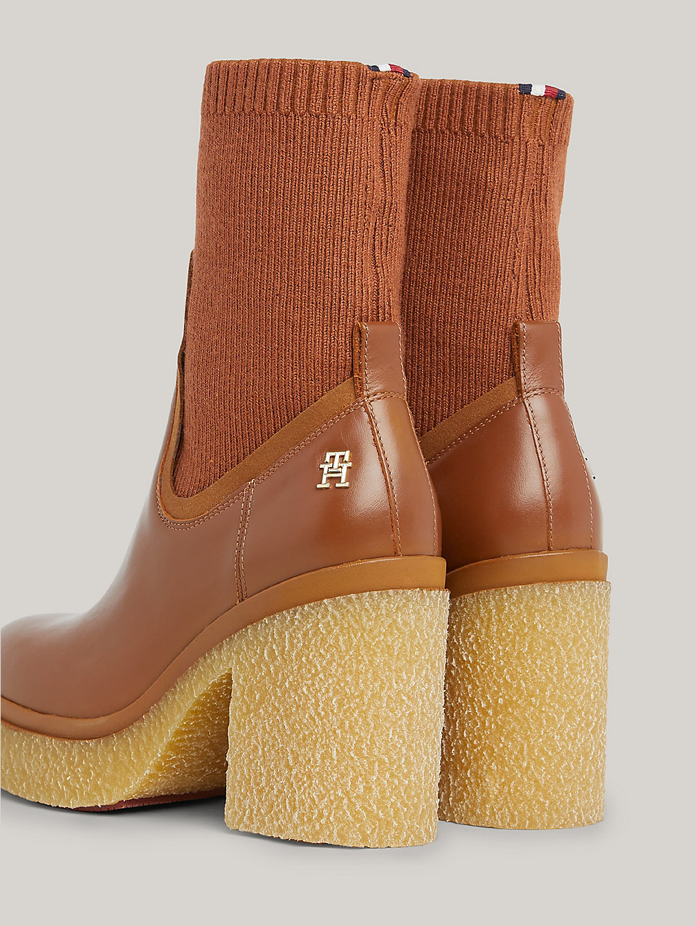 brown leather crepe sole heeled sock boots for women tommy hilfiger
