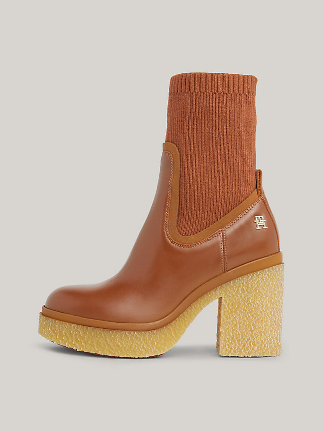 brown leder-sock-boot mit absatz und krepp-sohle für damen - tommy hilfiger