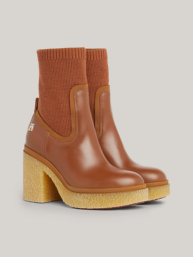 brown leather crepe sole heeled sock boots for women tommy hilfiger