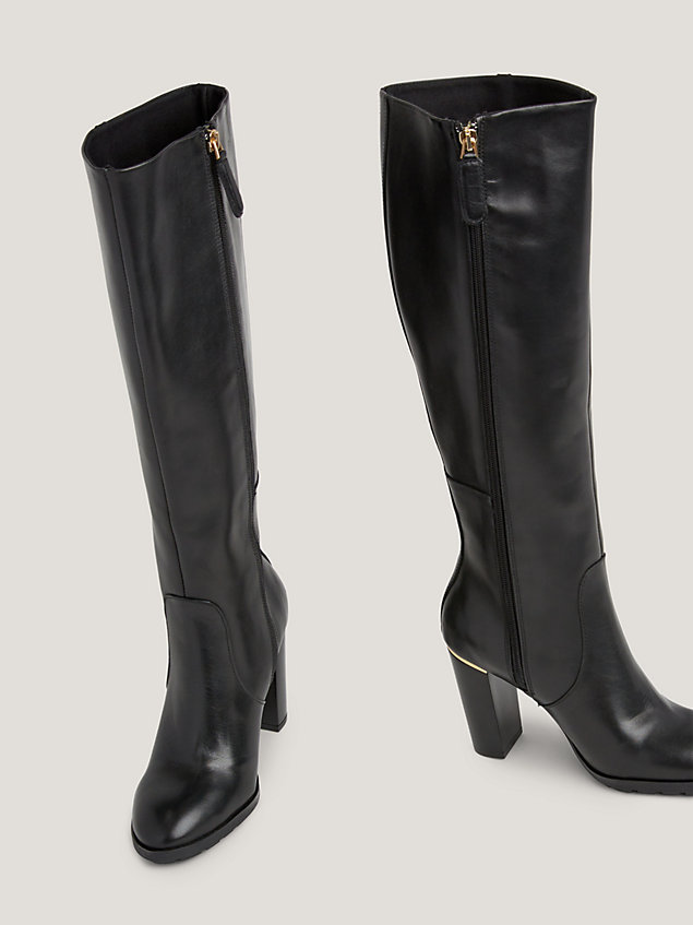 black leather metal hardware knee-high boots for women tommy hilfiger