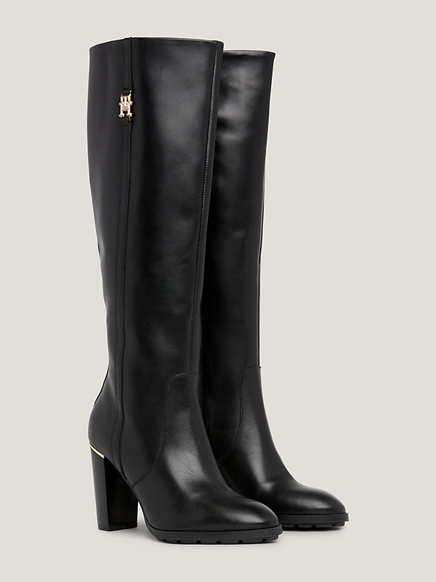 black leather metal hardware knee-high boots for women tommy hilfiger
