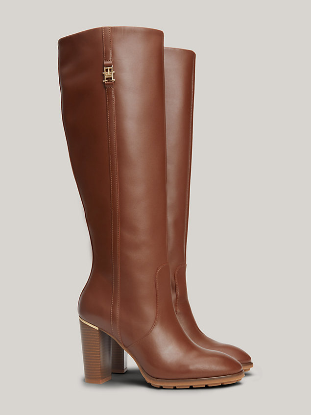 brown leather metal hardware knee-high boots for women tommy hilfiger