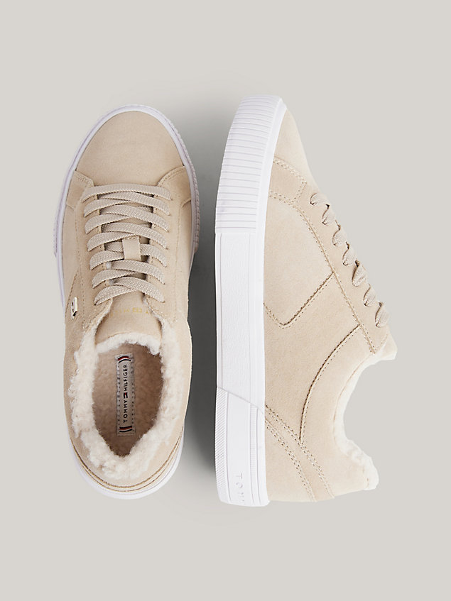 beige suede lace-up trainers for women tommy hilfiger