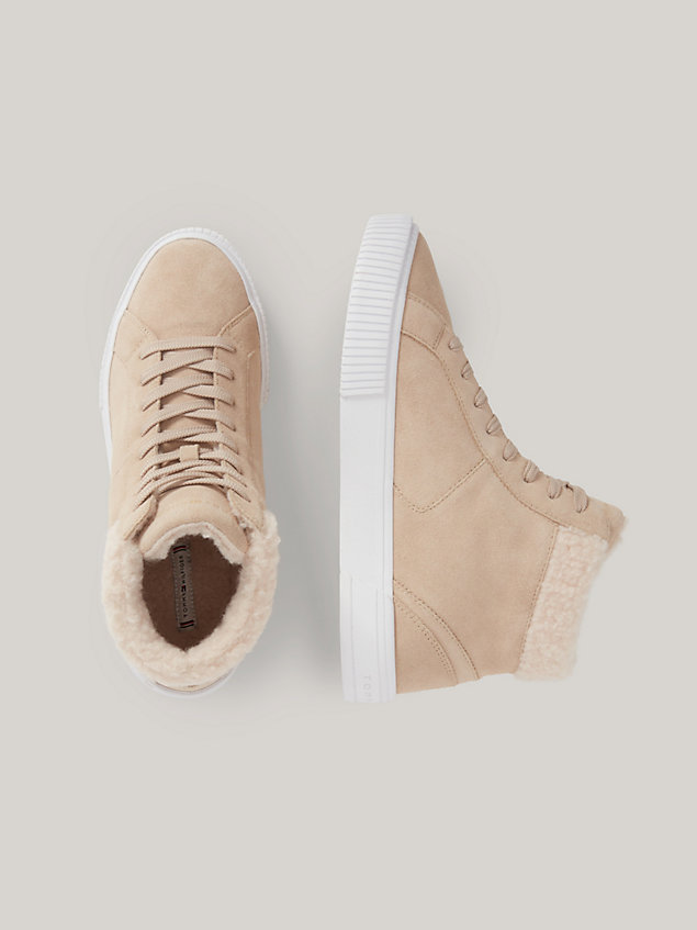 beige suede high-top trainers for women tommy hilfiger