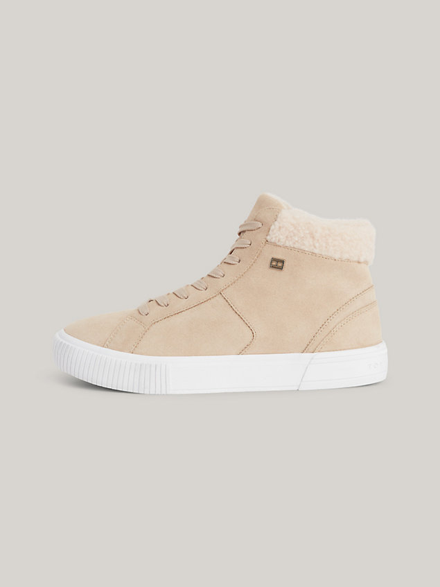beige suede high-top trainers for women tommy hilfiger