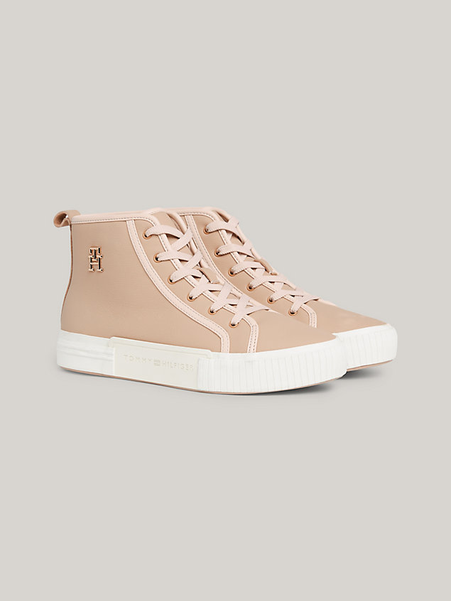 beige leather high-top trainers for women tommy hilfiger