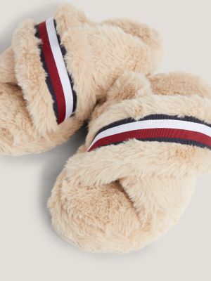 Global Stripe Faux Fur Slippers Beige Tommy Hilfiger