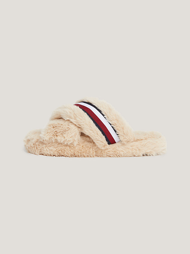 slippers global stripe in pelliccia sintetica beige da donna tommy hilfiger