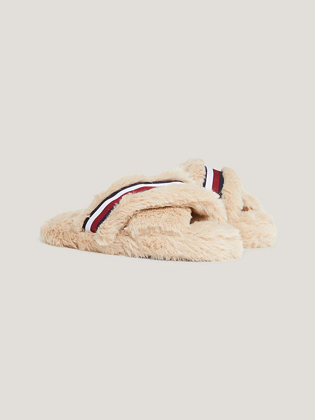 beige global stripe faux fur slippers for women tommy hilfiger