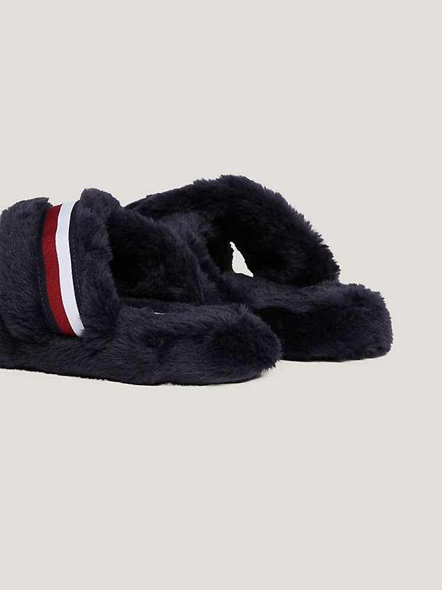 blue global stripe faux fur slippers for women tommy hilfiger