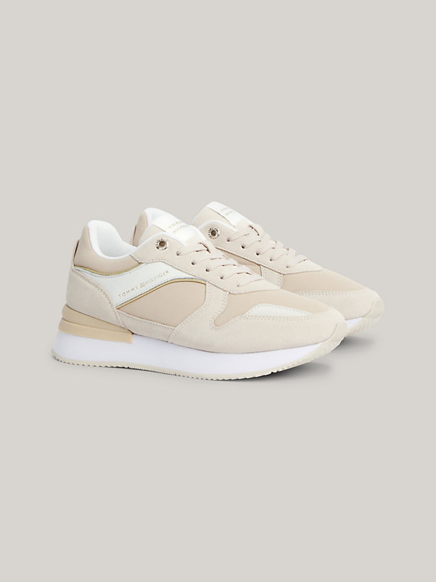 beige elevated mid-top runner trainers for women tommy hilfiger