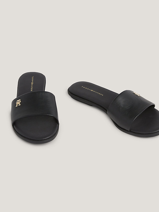 black essential leather flat slip-on mule sandals for women tommy hilfiger