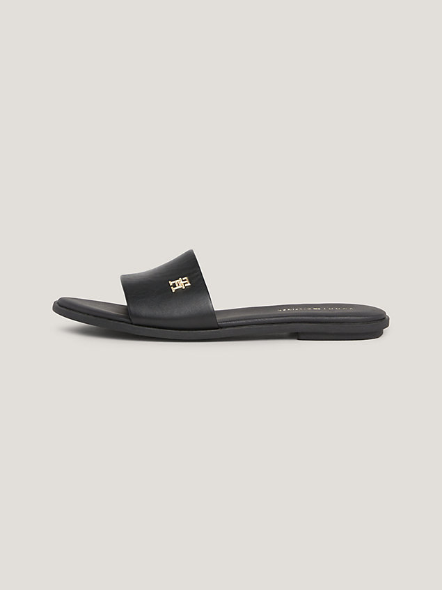 black essential leather flat slip-on mule sandals for women tommy hilfiger