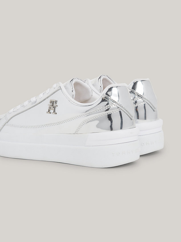 grey elevated th monogram metallic leather trainers for women tommy hilfiger