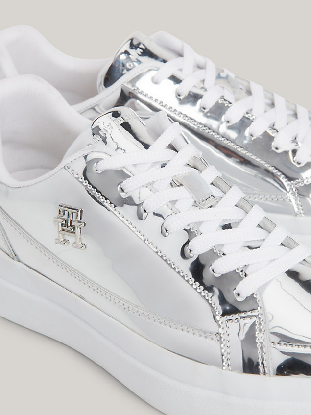 grey elevated th monogram metallic leather trainers for women tommy hilfiger