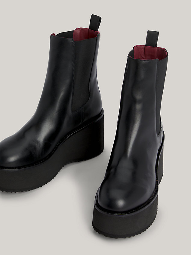 black elevated leather wedge chelsea ankle boots for women tommy hilfiger