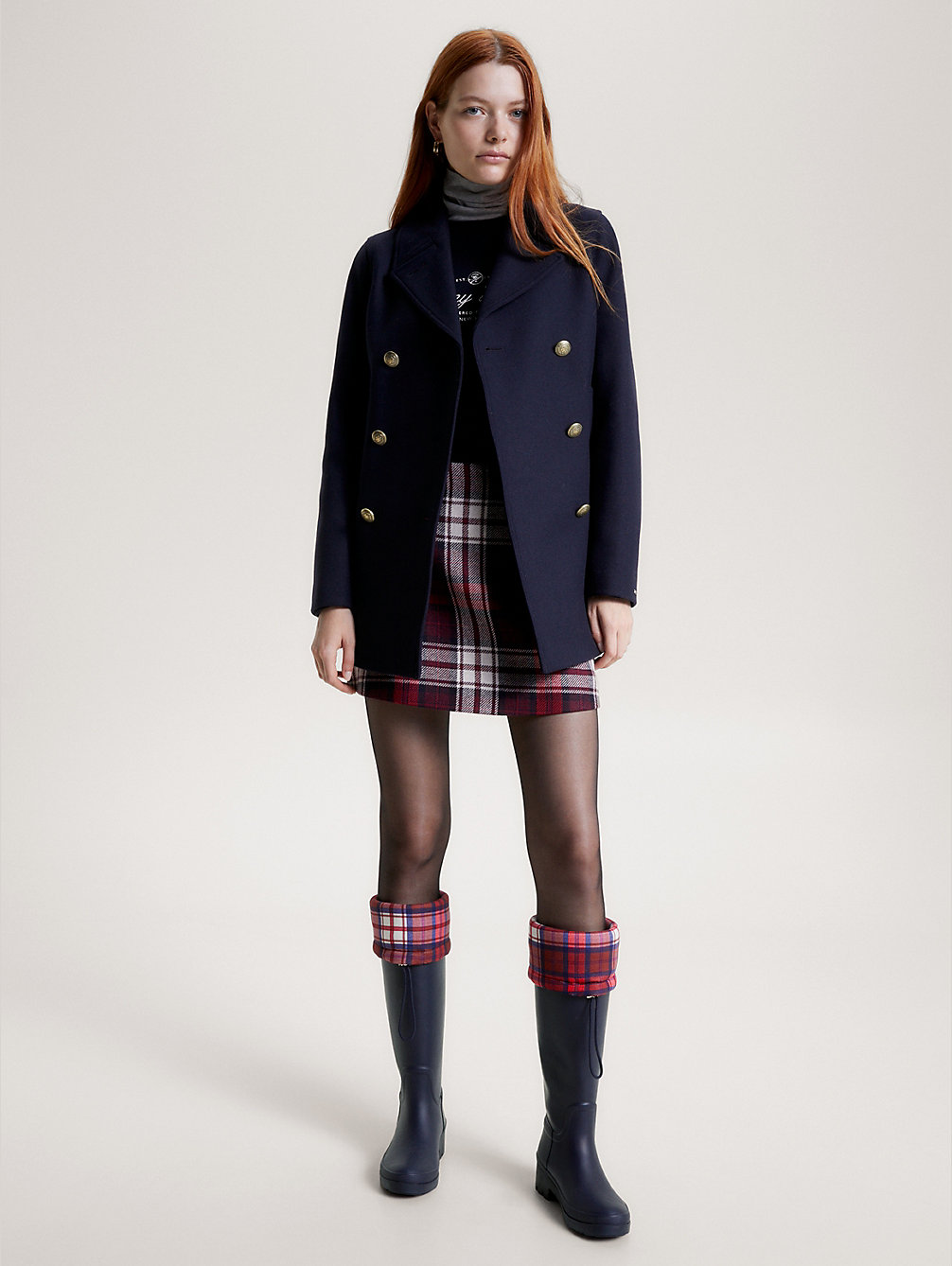 blue tartan lined padded rubber boots for women tommy hilfiger