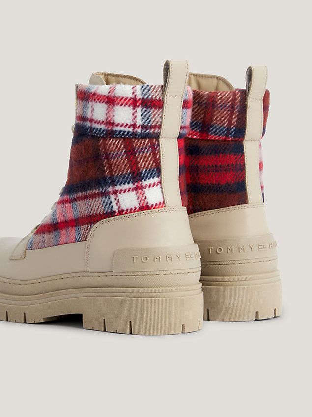beige leather tartan check panel boots for women tommy hilfiger