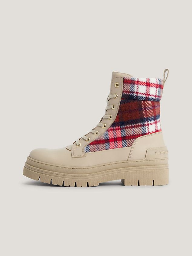 beige leather tartan check panel boots for women tommy hilfiger