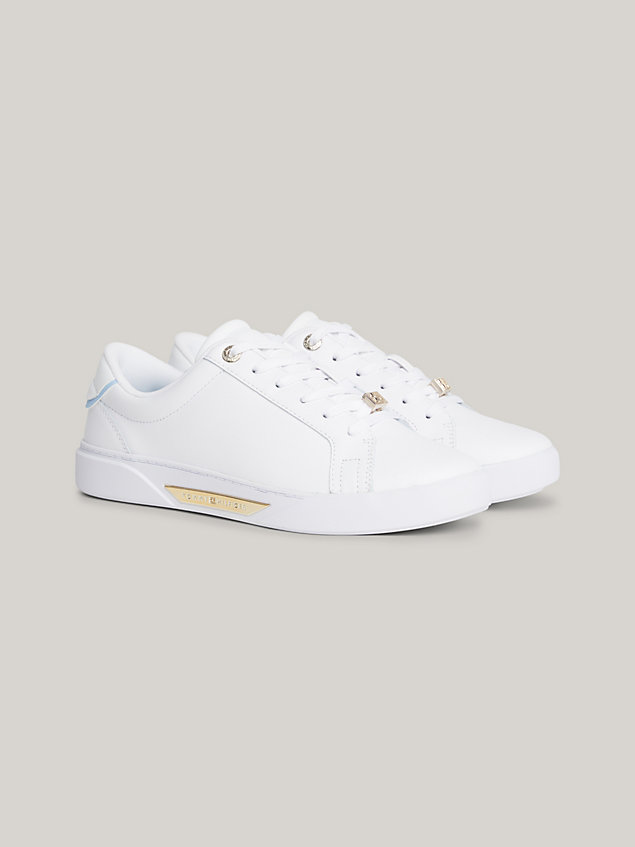 white metallic logo leather cupsole court trainers for women tommy hilfiger