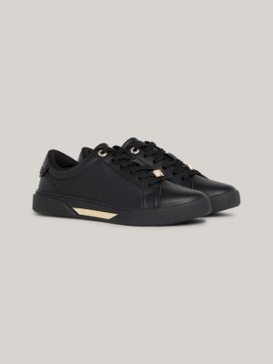 Leren court sneaker met metalen logo Zwart Tommy Hilfiger