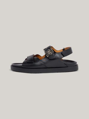 TH Monogram Hook And Loop Leather Sandals Black Tommy Hilfiger