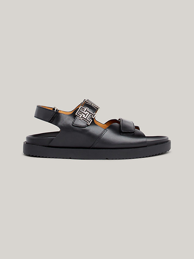 black th monogram hook and loop leather sandals for women tommy hilfiger