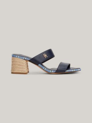 Leather Shirting Trim Block Mid Heel Sandals Blue Tommy Hilfiger