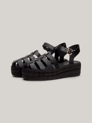 sandali espadrillas in pelle con plateau nero da donne tommy hilfiger