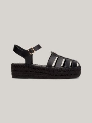 TH Monogram Leather Wedge Espadrille Sandals Black Tommy Hilfiger