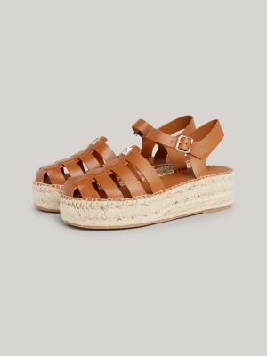 sandali espadrillas in pelle con plateau marrone da donne tommy hilfiger