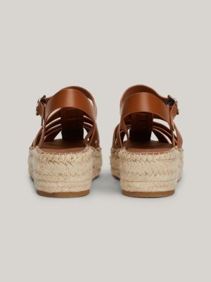 sandali espadrillas in pelle con plateau marrone da donne tommy hilfiger