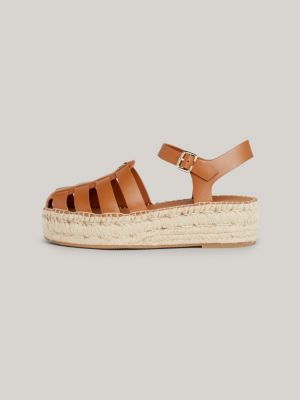 sandali espadrillas in pelle con plateau marrone da donne tommy hilfiger