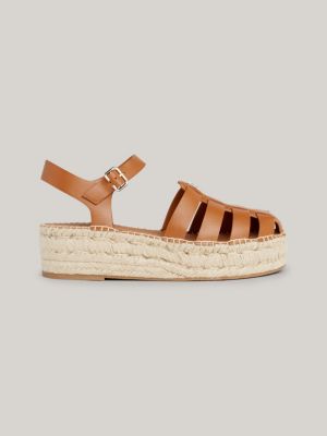 Espadrilles sandales en cuir a monogramme TH Marron Tommy Hilfiger