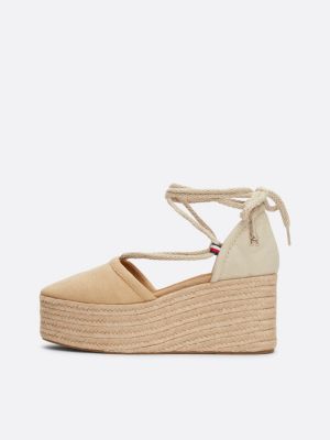 sandali in lino con suola alta in corda khaki da donne tommy hilfiger