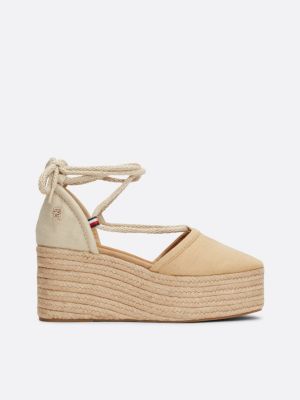 sandalias de cuña en lino y cuerda khaki de mujeres tommy hilfiger